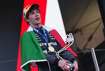| Photo: AP/Fatima Shbair : Mercedes driver Andrea Kimi Antonelli, of Italy, celebrates on the podium after winning the Formula One Monaco Grand Prix race at the Monaco racetrack.