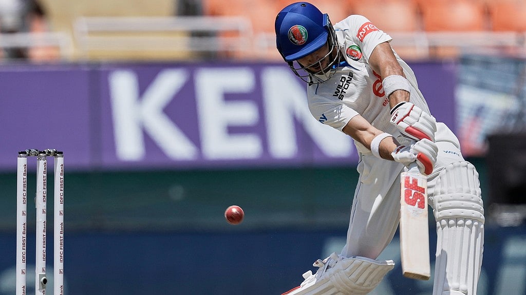 Afghanistan's Rahmanullah Gurbaz plays a shot on day three of the cricket test match between Afghanistan and India in New Chandigarh, India, Monday, June 8, 2026.  - AP Photo/Ashwini Bhatia