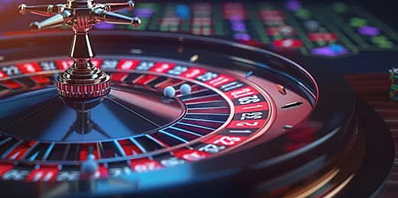 Close-up of a spinning casino roulette wheel