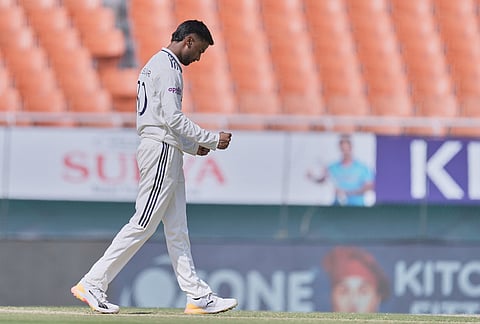 India's Manav Suthar celebrates the wicket of Afghanistan's Rahmanullah Gurbaz on day two of the cricket test match between Afghanistan and India in New Chandigarh.