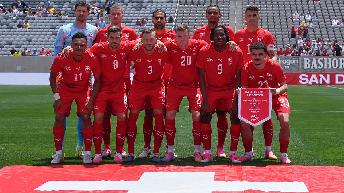 Switzerland starting eleven pose for a team picture before an international friendly soccer game against Australia Saturday, June 6, 2026, in San Diego - (AP Photo/Gregory Bull)