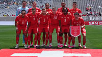 (AP Photo/Gregory Bull) : Switzerland starting eleven pose for a team picture before an international friendly soccer game against Australia Saturday, June 6, 2026, in San Diego