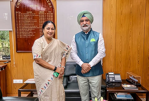 Delhi Lieutenant Governor Taranjit Singh Sandhu with Delhi Chief Minister Rekha Gupta during a meeting, in New Delhi. 