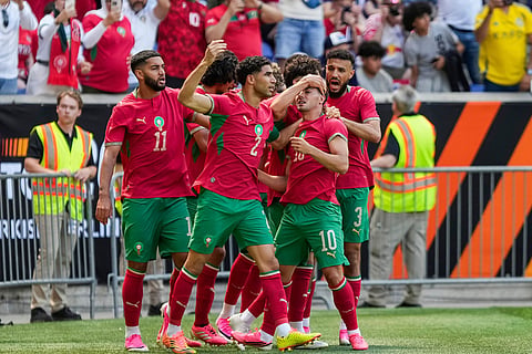 Morocco midfielder Brahim Diaz (10) celebrates after a goal with teammates during an international friendly soccer match against Norway in Harrison, N.J.