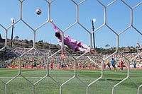 Colombia Vs Jordan, International Friendly 2026: Jhon Arias' Brace Inspires Los Cafeteros To Dominant Victory | Photo: AP/Gregory Bull : Colombia goalkeeper Camilo Vargas leaps for a shot on goal that hit the post from Jordan forward Mohannad Abu Taha during the first half of an international friendly soccer match in San Diego.