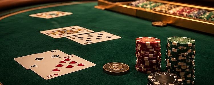 Blackjack table with cards and stacks of chips