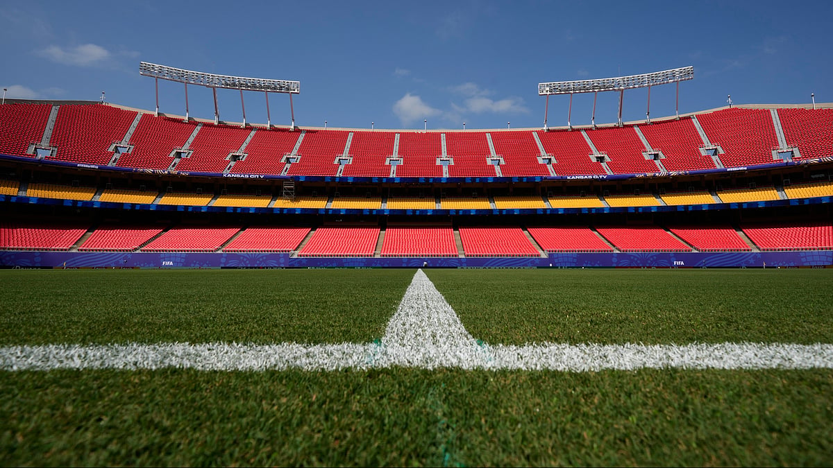 Seating rises beyond the pitch at Arrowhead Stadium as it is transformed to Kansas City Stadium ahead of the FIFA World Cup 2026 soccer tournament. - AP Photo