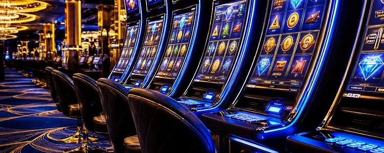 Row of glowing modern slot machines in a casino