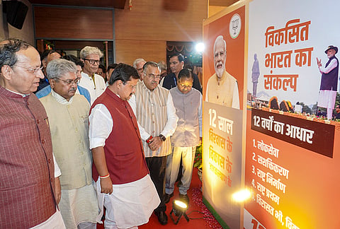 BJP National President Nitin Nabin visits an exhibition, marking completion of 12 years of the NDA government, at party headquarters in New Delhi.