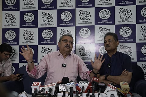 TMC MPs Kalyan Banerjee, left, and Kirti Azad during a press conference, in New Delhi,