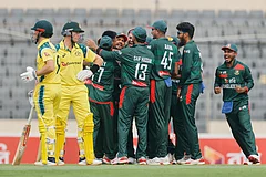 Bangladesh's players celebrate the wicket of Australia's Marnus Labuschagne. - AP
