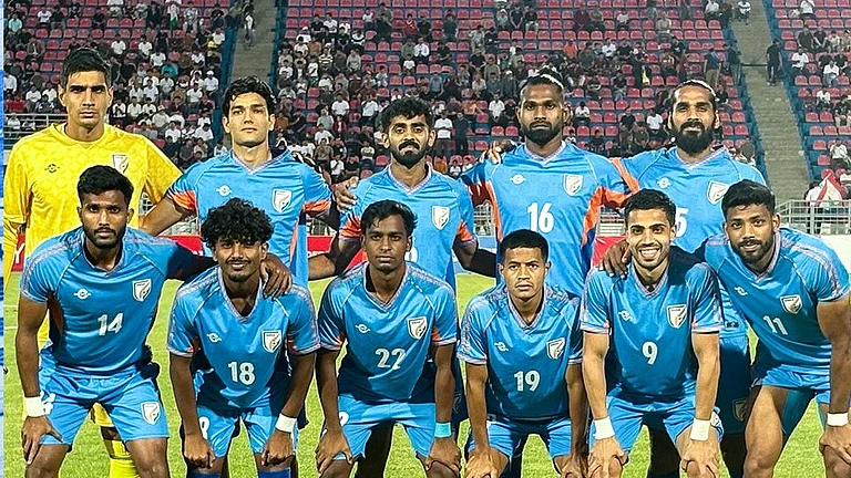 Indian football team ahead of the second FIFA friendly against Tajikistan at Hisor Central Stadium. - IndianFootball/X