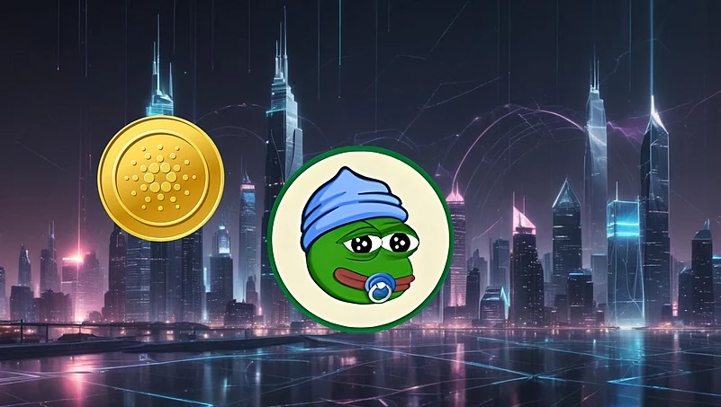 Cardano coin and baby Pepe over a futuristic city