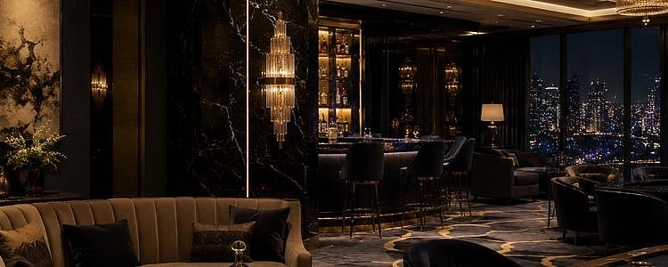 Luxury hotel bar lounge with city skyline view