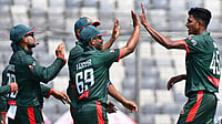 | Photo: AP/Mosaraf Hossain : Bangladesh's Nahid Rana, right, celebrates the wicket of New Zealand's Muhammad Abbas during the second one day international cricket match between Bangladesh and New Zealand in Mirpur, Bangladesh.