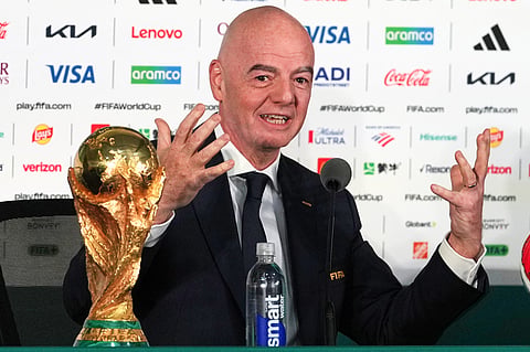 FIFA President Gianni Infantino speaks during a news conference at the stadium in Mexico City, Wednesday, June 10, 2026, a day before the opening FIFA World Cup match between Mexico and South Africa