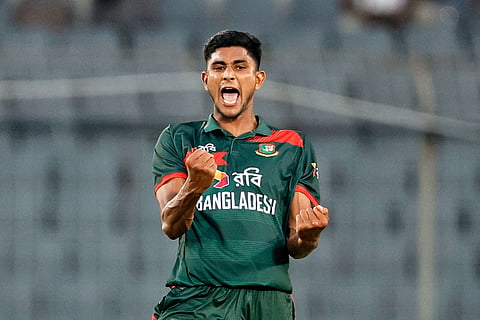 Bangladesh's Nahid Rana celebrates the wicket of Australia's Liam Scott during the first one day international cricket match between Australia and Bangladesh in Mirpur, Bangladesh, Tuesday, June 9, 2026. ()