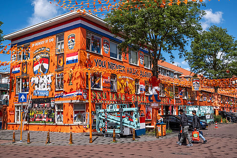 Marktweg Street in The Hague, Netherlands, is decorated ahead of the start of the soccer World Cup.