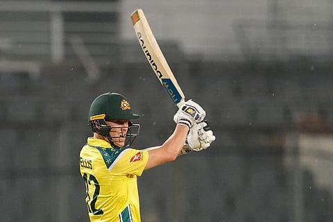 Australia's Nathan Ellis plays a shot during the first one day international cricket match between Australia and Bangladesh in Mirpur, Bangladesh, Tuesday, June 9, 2026. ()
