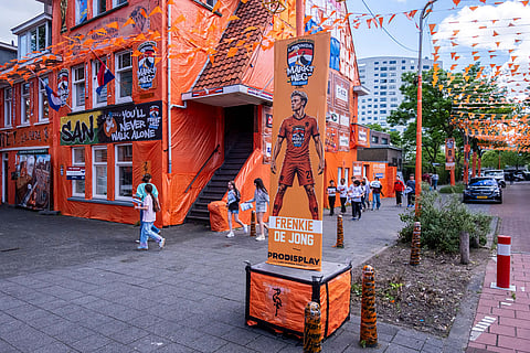 Marktweg Street in The Hague, Netherlands, is decorated ahead of the start of the soccer World Cup.
