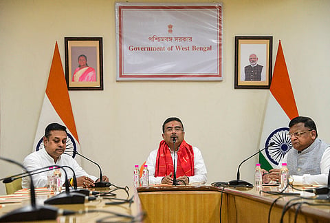 West Bengal Chief Minister Suvendu Adhikari, centre, along with National Spokesperson of BJP Sambit Parta and others during a meeting, in Howrah. 