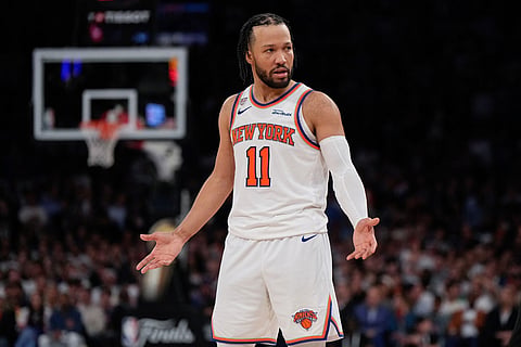 New York Knicks guard Jalen Brunson looks for a call during second half of Game 3 of the NBA Finals basketball series against the San Antonio Spurs in New York.