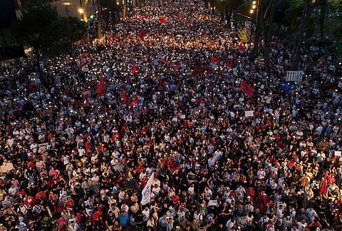 Protesters take part in a rally in Tirana, Albania, against the construction of a massive coastal development project linked to Jared Kushner and Ivanka Trump at Narta lagoon area, western Albania. 
