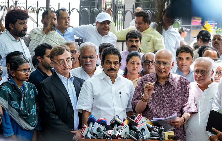 Congress leaders KC Venugopal, Jairam Ramesh, Bhupesh Baghel, Abhishek Singhvi, Vivek Tankha, Meenakshi Natarajan, Alka Lamba and others address the media after a meeting with the Election Commission (EC), at Nirvachan Sadan, in New Delhi, Wednesday, June 10, 2026. Top Congress leaders met the EC on Wednesday, alleging that the nomination papers of Meenakshi Natarajan, its Rajya Sabha candidate from Madhya Pradesh, were wrongly rejected. - (PTI Photo/Salman Ali)