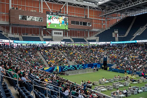 Spectators watch the opening match of the World Cup soccer tournament between Mexico and South Africa, Thursday, June 11, 2026, at the USTA Billie Jean King National Tennis Center in New York.