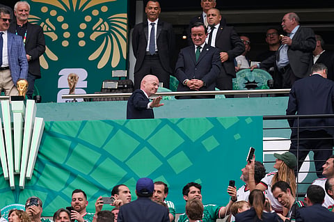 FIFA President Gianni Infantino gestures before the World Cup Group A soccer match between Mexico and South Africa in Mexico City, Thursday, June 11, 2026.