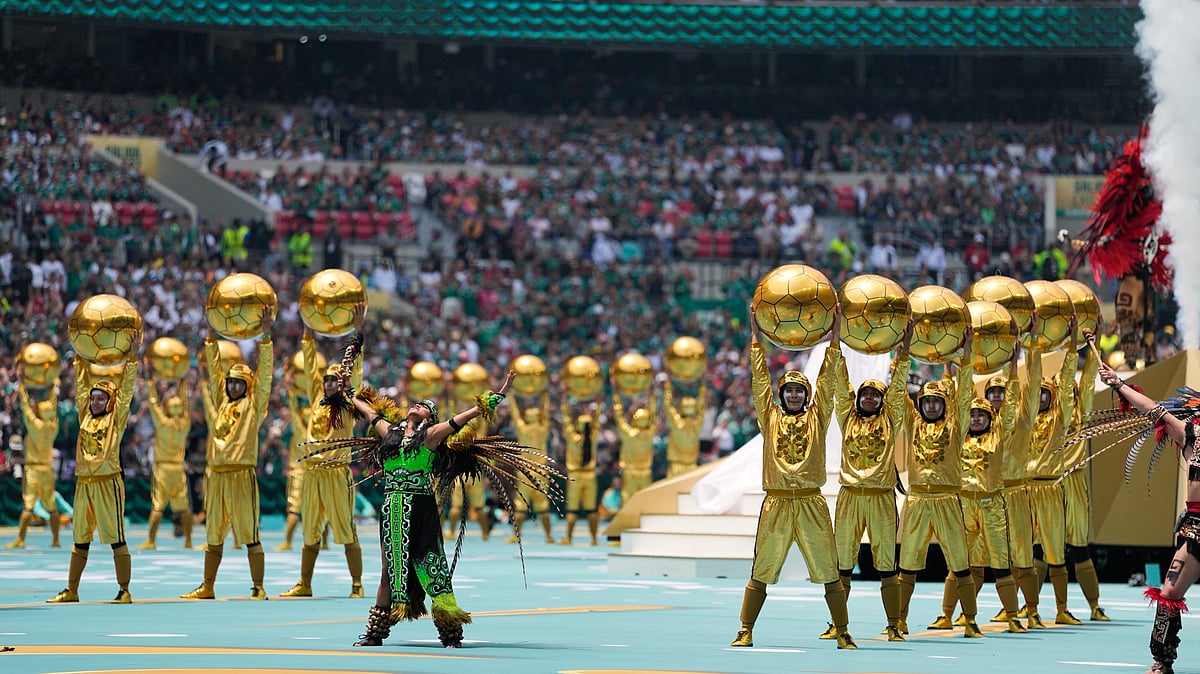 Performers on the pitch during the opening ceremony before the start of the World Cup Group A soccer match between Mexico and South Africa in Mexico City, Thursday, June 11, 2026. - (AP Photo/Natacha Pisarenko)