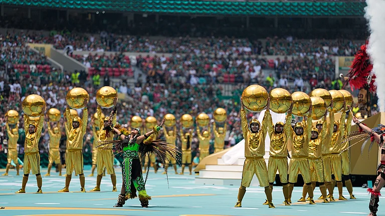 Performers on the pitch during the opening ceremony before the start of the World Cup Group A soccer match between Mexico and South Africa in Mexico City, Thursday, June 11, 2026. - (AP Photo/Natacha Pisarenko)