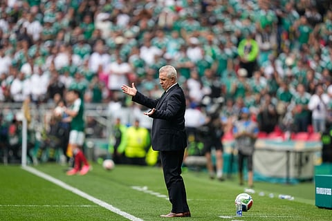 Mexico head coach Javier Aguirre gestures during the World Cup Group A soccer match between Mexico and South Africa in Mexico City, Thursday, June 11, 2026.