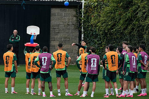Mexico players play ball during a training in Mexico City, ahead of their opening match against South Africa at the FIFA World Cup.