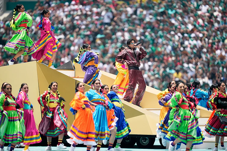 Colombian singer J Balvin performs before the start of the World Cup Group A soccer match between Mexico and South Africa in Mexico City, Thursday, June 11, 2026. - AP