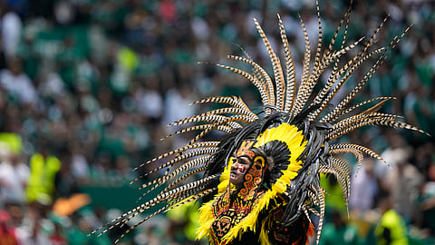 Performers on the pitch during the opening ceremony before the start of the World Cup Group A soccer match between Mexico and South Africa in Mexico City, Thursday, June 11, 2026. 