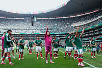 AP Photo/Natacha Pisarenko : Mexico players celebrate at the end of the World Cup Group A soccer match between Mexico and South Africa in Mexico City, Thursday, June 11, 2026.