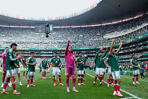 Mexico players celebrate at the end of the World Cup Group A soccer match between Mexico and South Africa in Mexico City, Thursday, June 11, 2026.