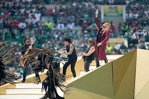 Mexican pop rock band Mana perform before the start of the World Cup Group A soccer match between Mexico and South Africa in Mexico City, Thursday, June 11, 2026.