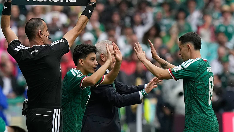 (AP Photo/Fernando Llano) : Mexicos Gilberto Mora enters the field to replace Alvaro Fidalgo during the World Cup Group A soccer match between Mexico and South Africa in Mexico City, Thursday, June 11, 2026.