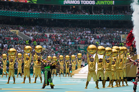 Performers on the pitch during the opening ceremony before the start of the World Cup Group A soccer match between Mexico and South Africa in Mexico City, Thursday, June 11, 2026.