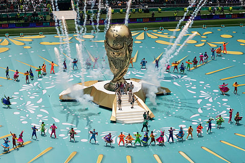 Performers on the pitch during the opening ceremony before the start of the World Cup Group A soccer match between Mexico and South Africa in Mexico City, Thursday, June 11, 2026.