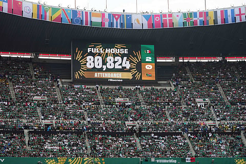 Stadium attendance is displayed on a scoreboard during the World Cup Group A soccer match between Mexico and South Africa in Mexico City, Thursday, June 11, 2026.