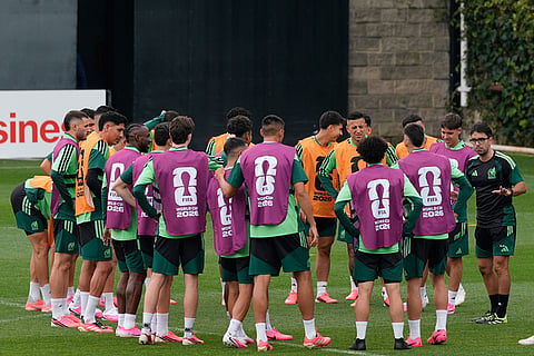 Mexico's players confer during training in Mexico City, ahead of their FIFA World Cup opener match against South Africa.