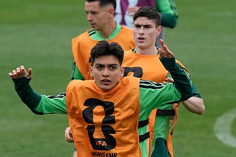 Mexico's Gilberto Mora and teammates warm up during a training in Mexico City, ahead of their opening match against South Africa at the FIFA World Cup.