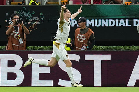 Czechia's Ladislav Krejci celebrates after scoring his team's first goal during the FIFA World Cup 2026, Group A match against South Korea in Zapopan, near Guadalajara, Mexico, Thursday, June 11, 2026.