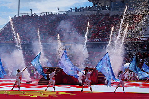 Performers control a puppet of a moose during the opening ceremony before the World Cup Group B soccer match between Canada and Bosnia, Friday, June 12, 2026, in Toronto.