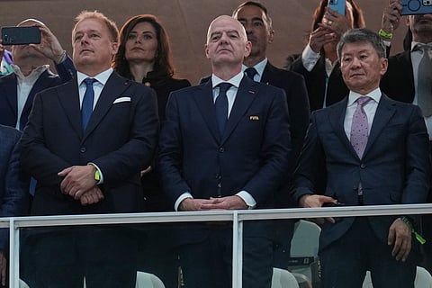 FIFA President Gianni Infantino, centre, reacts during the World Cup Group A soccer match between South Korea and Czechia in Zapopan, near Guadalajara, Mexico, Thursday, June 11, 2026.