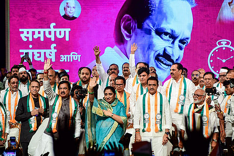 NCP (Ajit Pawar Faction) National President and Maharashtra Deputy Chief Minister Sunetra Pawar along with state party President Sunil Tatkare, party MP Praful Patel, party leader Chhagan Bhujbal and others during the 27th foundation day of NCP, in Mumbai.