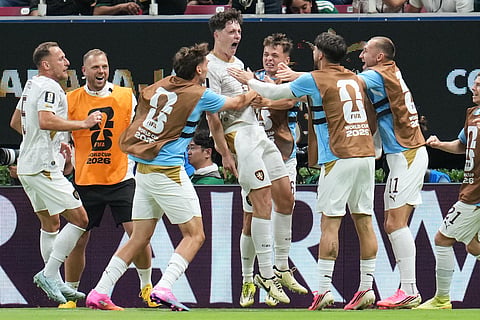 Czechia's Ladislav Krejci, centre, celebrates with teammates after scoring his team's first goal during the FIFA World Cup 2026, Group A match against South Korea in Zapopan, near Guadalajara, Mexico, Thursday, June 11, 2026.